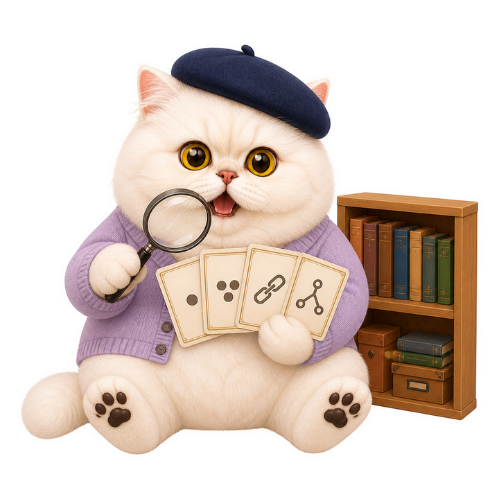 穿紫色開襟衫、整理四種提示策略卡的 Mochi 圖書員