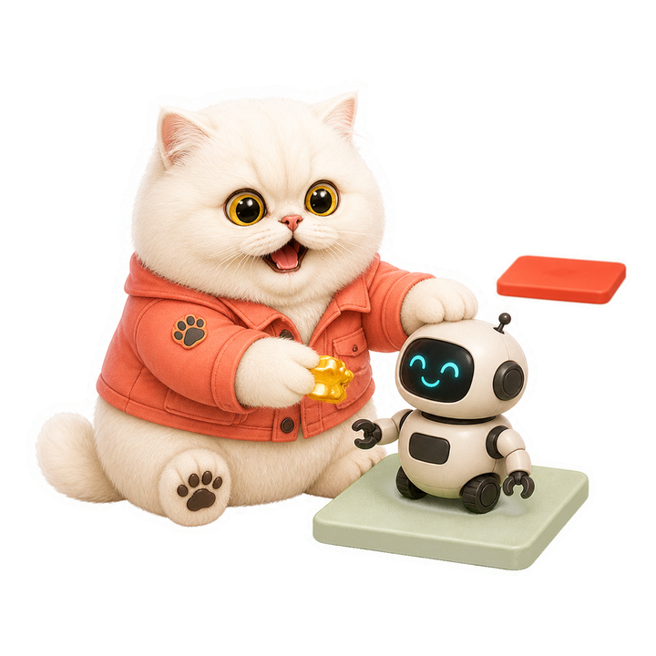 穿珊瑚色訓練員外套的 Mochi 貓老師用獎勵引導小機器人