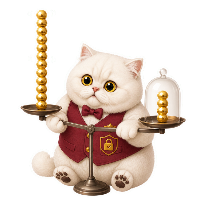 穿酒紅安全背心的 Mochi 貓老師謹慎比較穩定與高波動結果