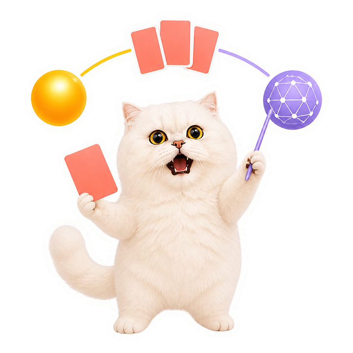 興奮大笑的 Mochi 貓老師指揮偏好、獎勵與對齊節點共同訓練模型