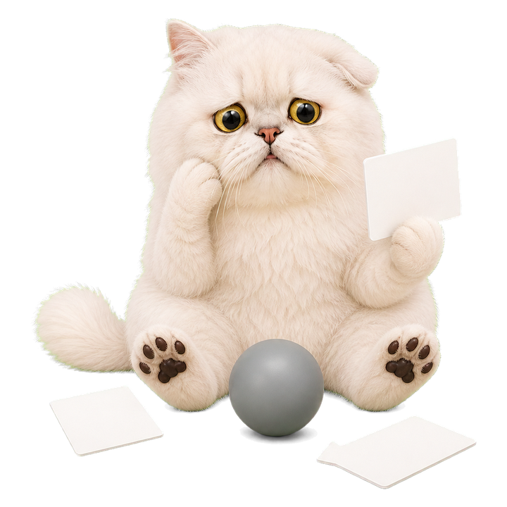 困惑皺眉的 Mochi 貓老師檢視原始模型產生的混亂回答卡