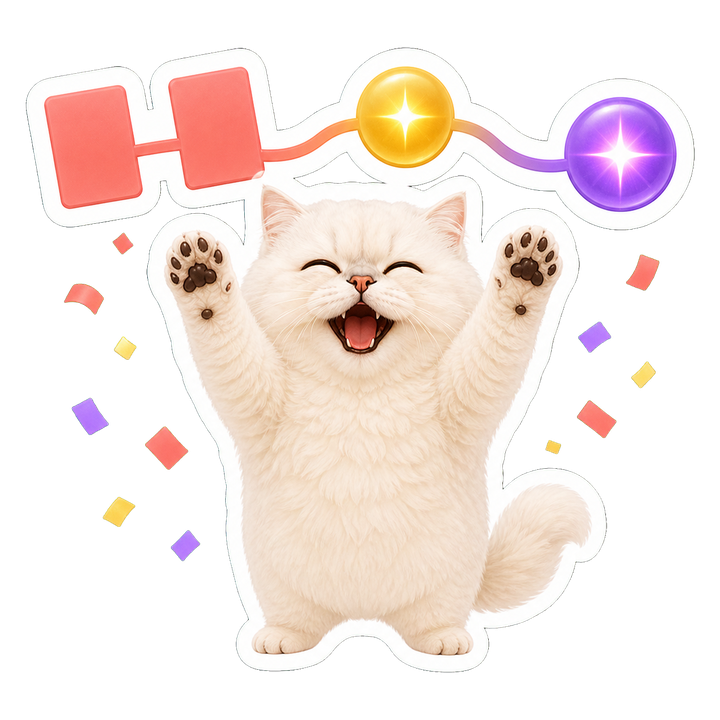 安心歡呼的 Mochi 貓老師舉起雙爪慶祝完成模型對齊