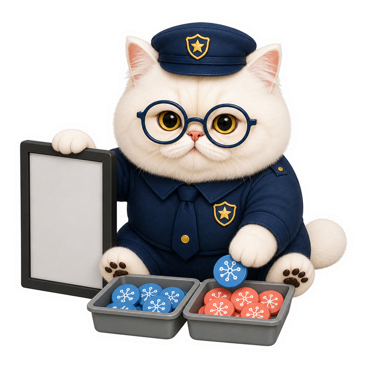 穿深藍安檢制服的 Mochi 貓老師專注分類正負樣本