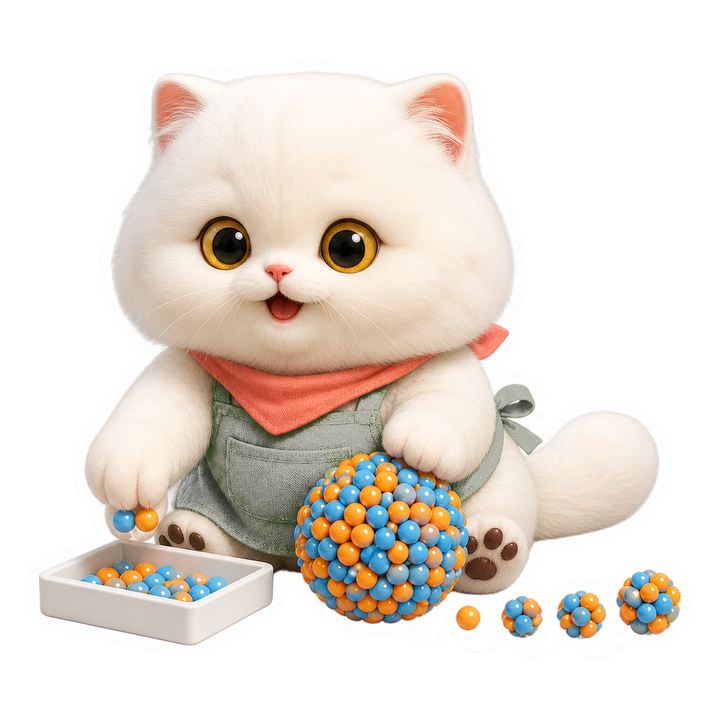 穿鼠尾草綠園丁圍裙的 Mochi 貓老師把少量標籤滾成越來越大的資料雪球
