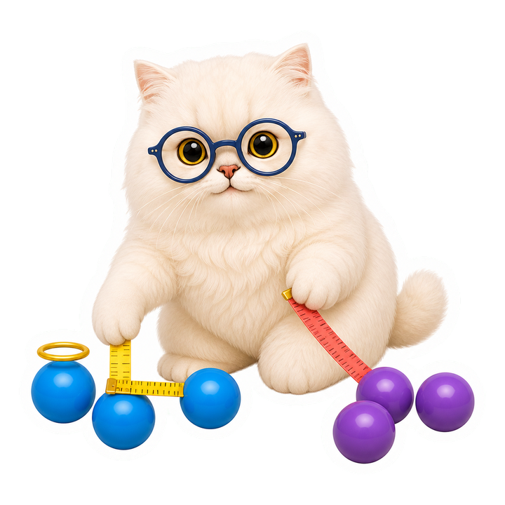 Mochi 貓老師戴著端正眼鏡，以長短量尺比較群內與群間距離