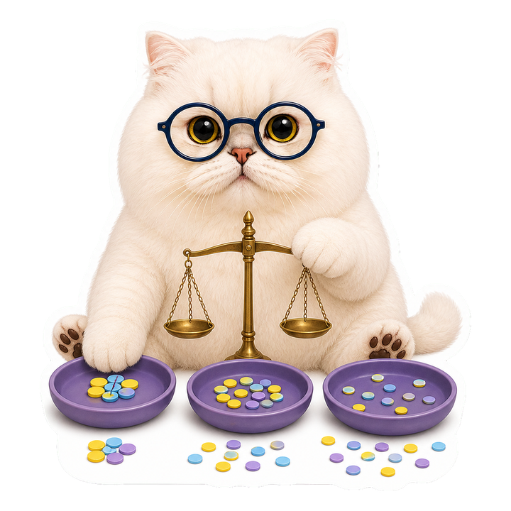 嚴肅戴端正圓眼鏡的 Mochi 貓老師比較三組圓片與波動