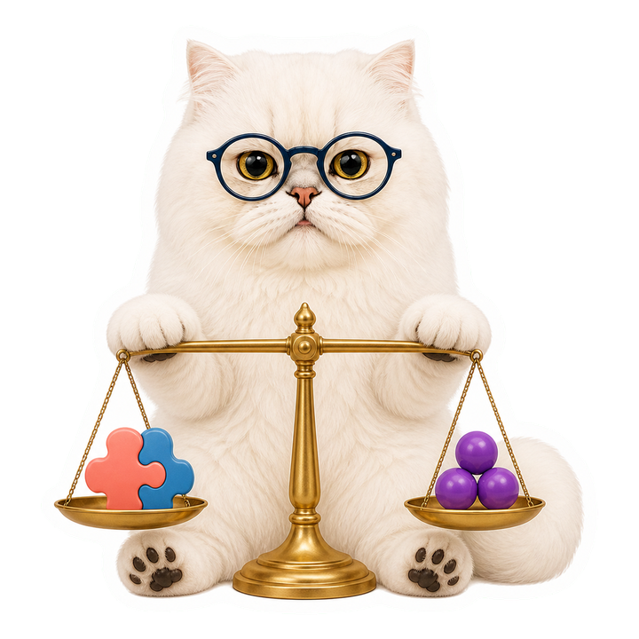 嚴肅戴端正圓眼鏡的 Mochi 貓老師用天平平衡重建拼圖與分布珠