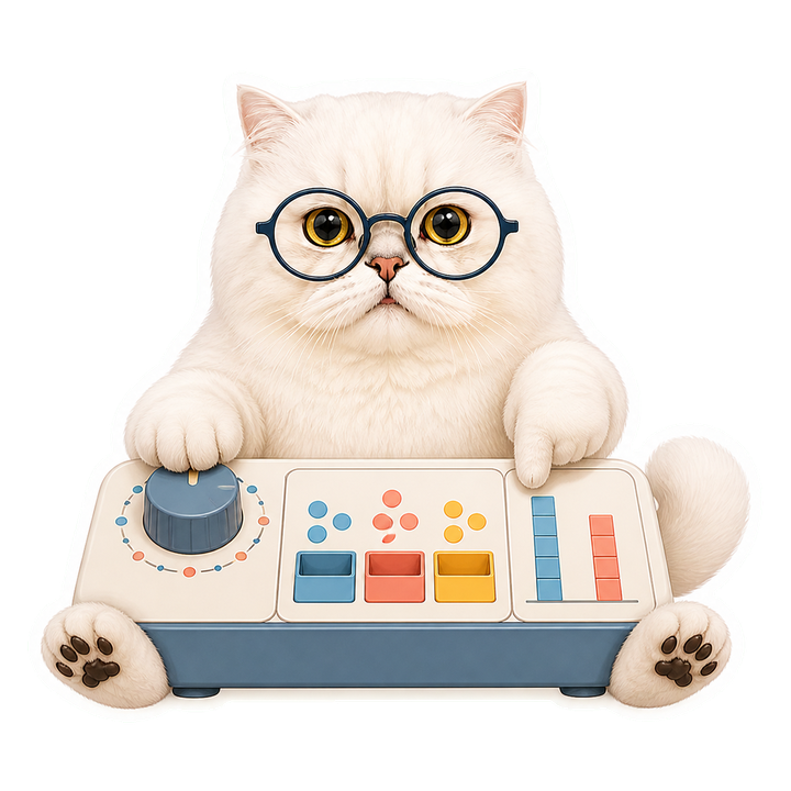 戴端正圓眼鏡的 Mochi 貓老師專注操作分箱、WoE 與 IV 三步驟面板