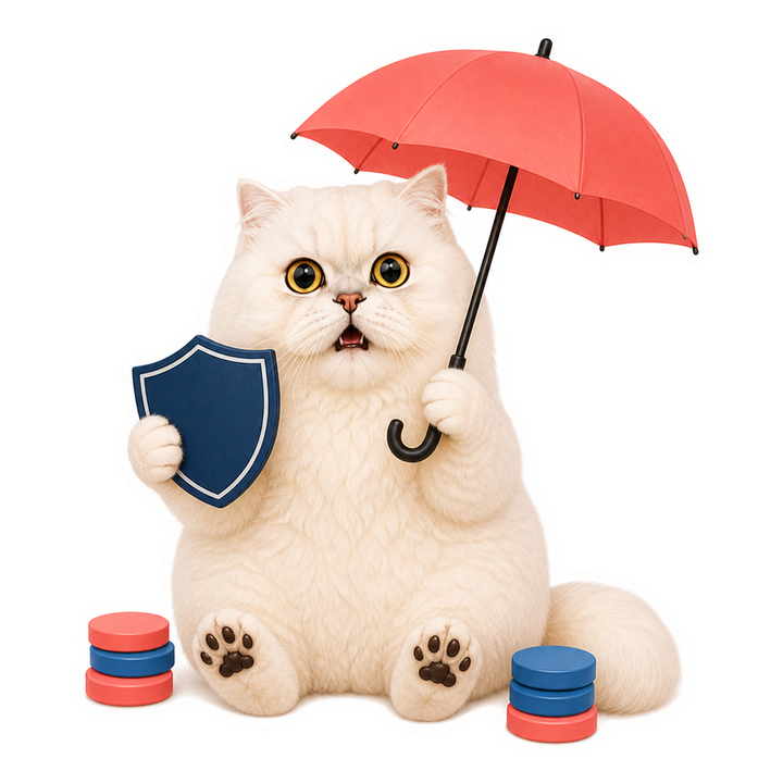 可愛驚訝的 Mochi 貓老師用盾牌與理賠資料檢查保險風險