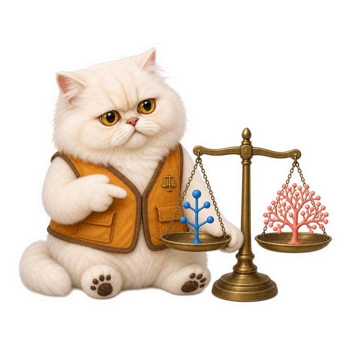 穿琥珀色平衡員背心的 Mochi 貓老師沉著衡量模型複雜度