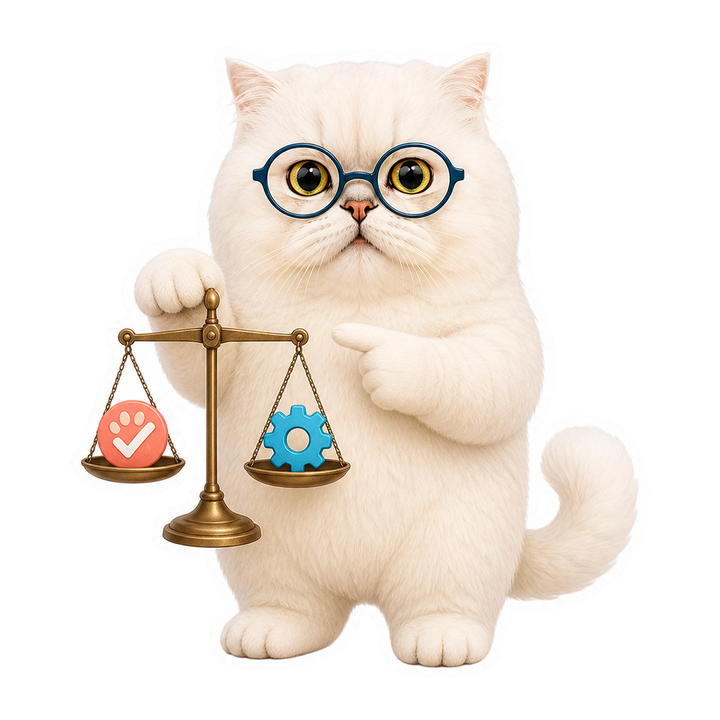 戴端正圓眼鏡的 Mochi 貓老師比較人工把關與 AI 自主性的天平