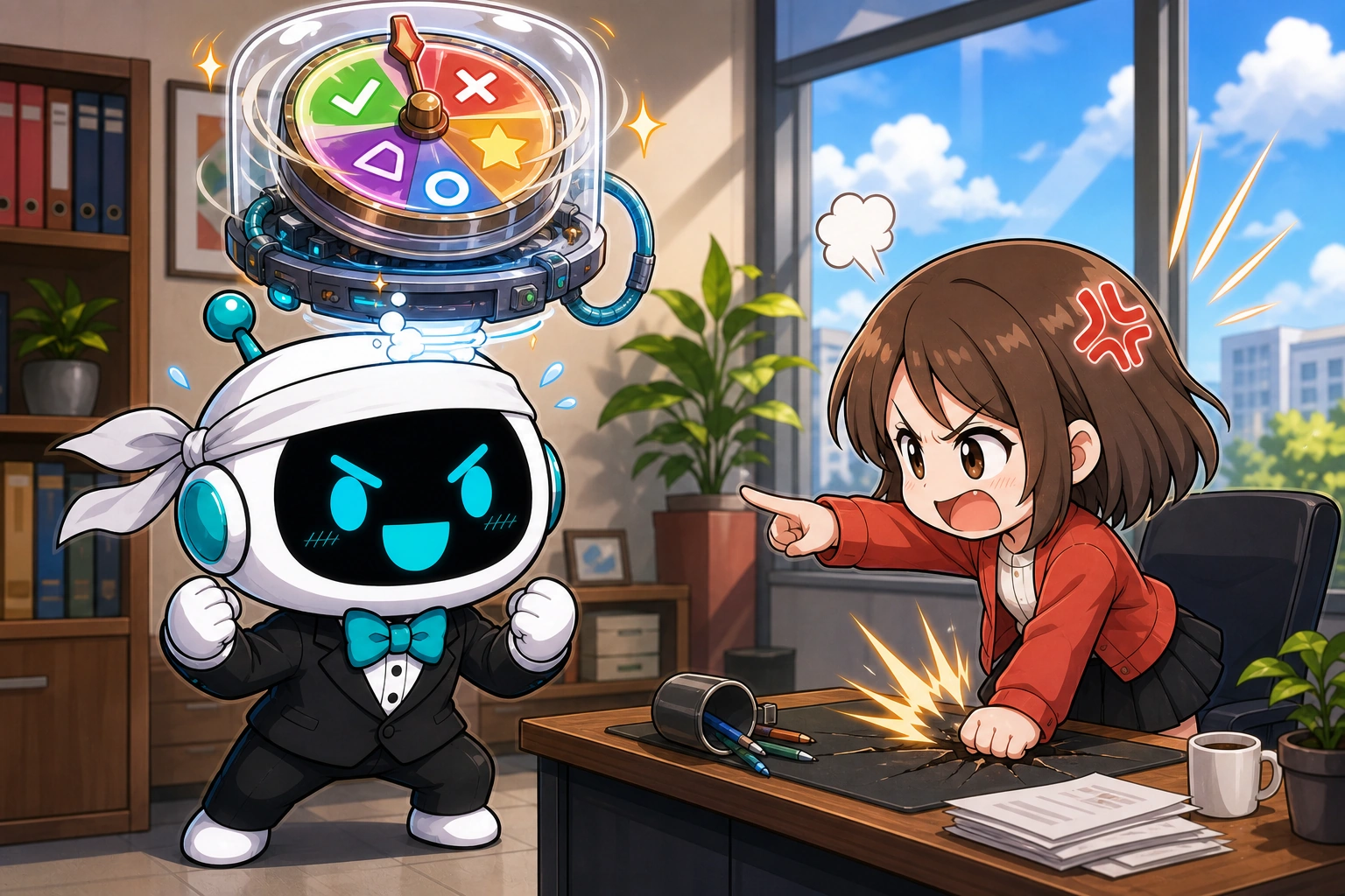 女孩用力拍桌，AI 戴上認真頭帶，腦內隨機答案輪盤卻仍照常亂轉。
