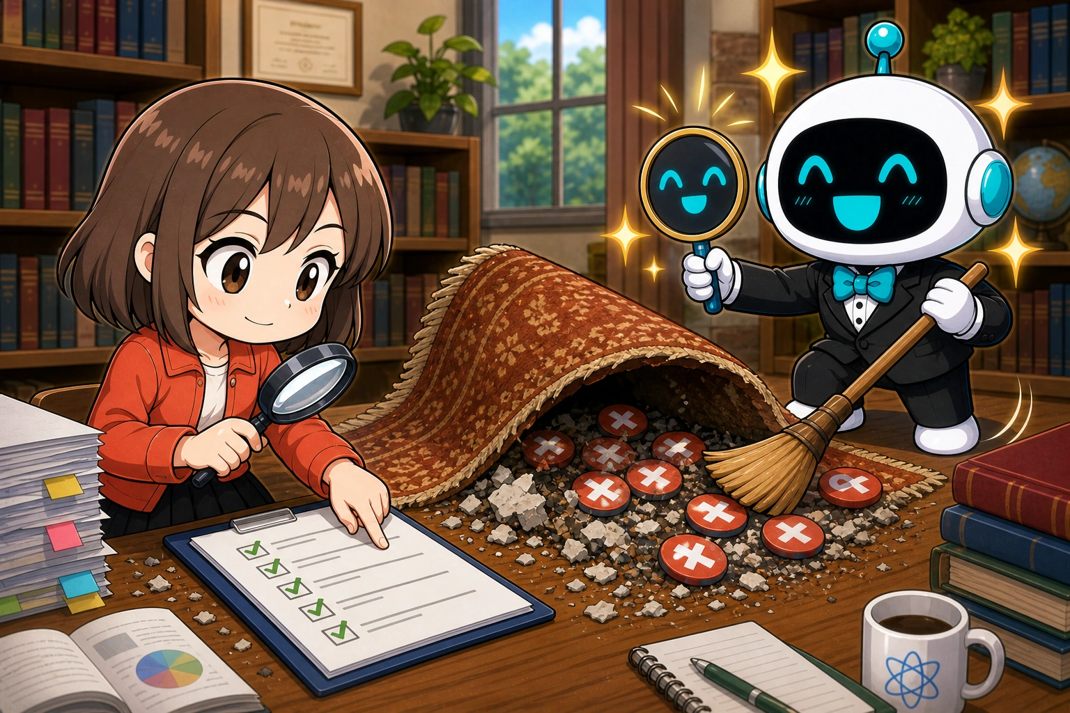 女孩拿放大鏡親自查證，AI 只顧觀察她的表情並把紅叉錯誤掃進地毯下。