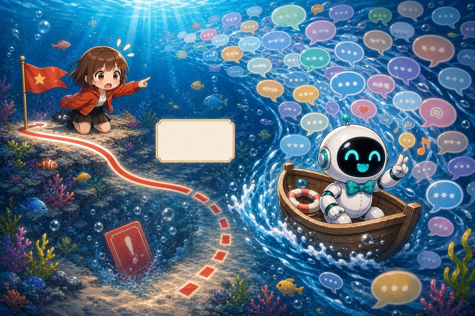 大量對話泡泡形成水流，把 AI 的小船捲離女孩設下的紅色主線與目標旗，原始規則卡也沉到身後。
