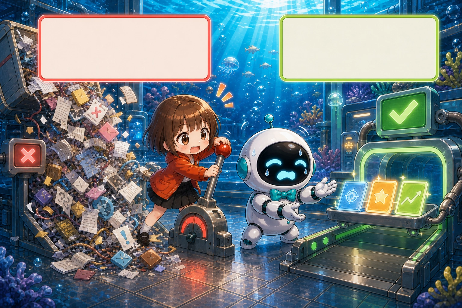 左側混亂文件像雪崩壓向 AI，女孩拉下開關阻止它，右側輸送帶只送來三張發光重點卡讓 AI 能專心處理。