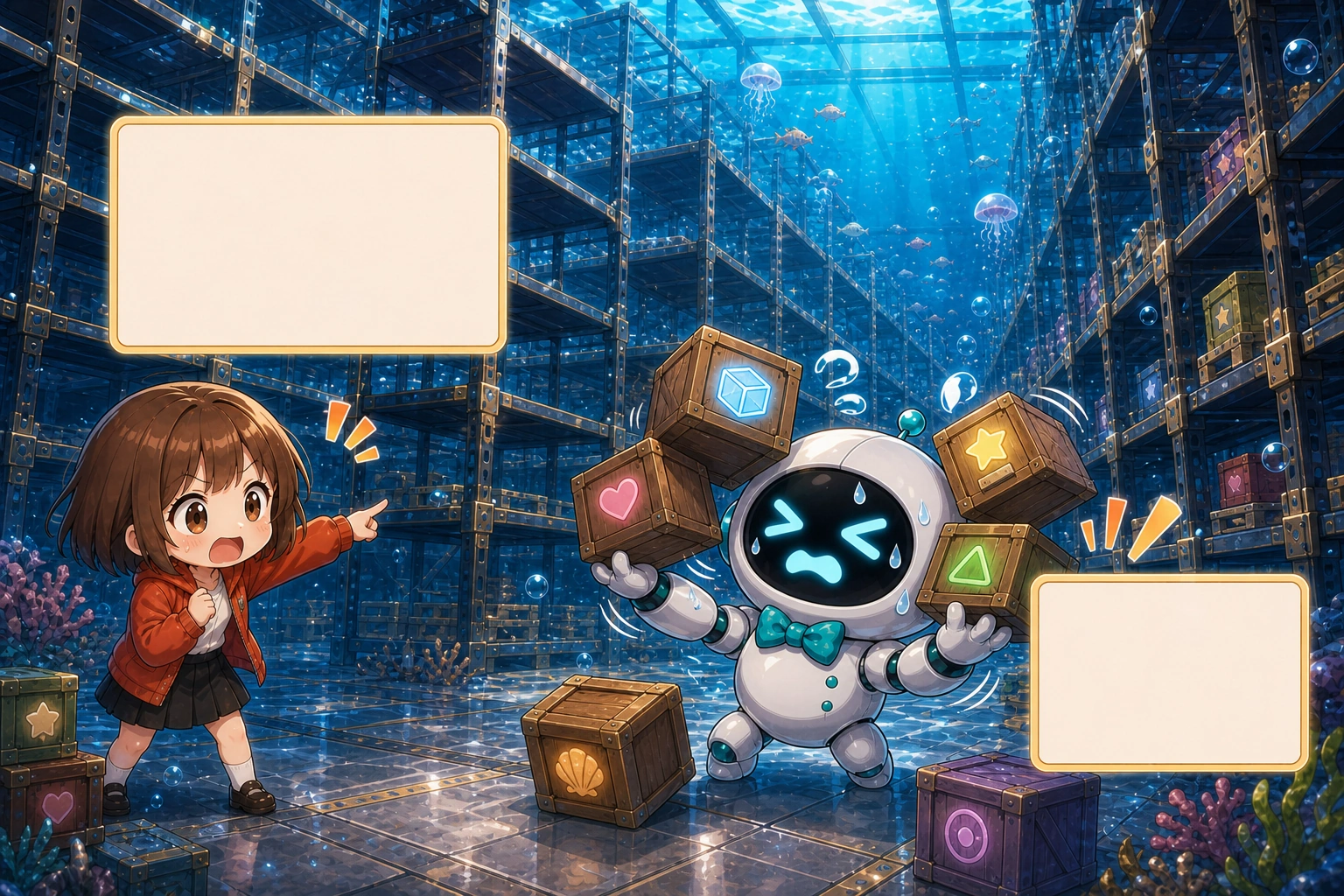 巨大倉庫仍有大量空架，只有兩隻手的 AI 卻忙著接住多個箱子而顧此失彼，女孩指向容量與注意力的落差。