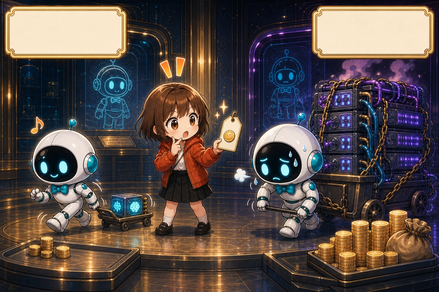 標準版 AI 輕鬆拉著小型記憶體模組，長文版 AI 則吃力拖著整車伺服器與大量金幣，顯示更大的視窗需要更多算力、記憶體、時間與費用。