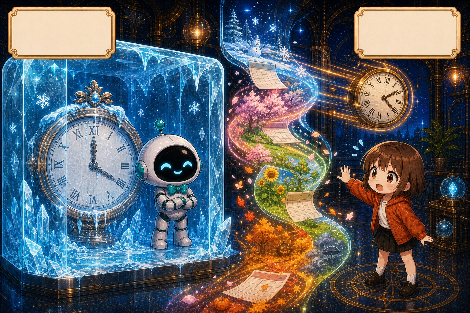 AI 與停止的時鐘一起凍結在封存當時，冰層外的日曆一頁頁飛向真正的今天，女孩已在時間線前方等待。