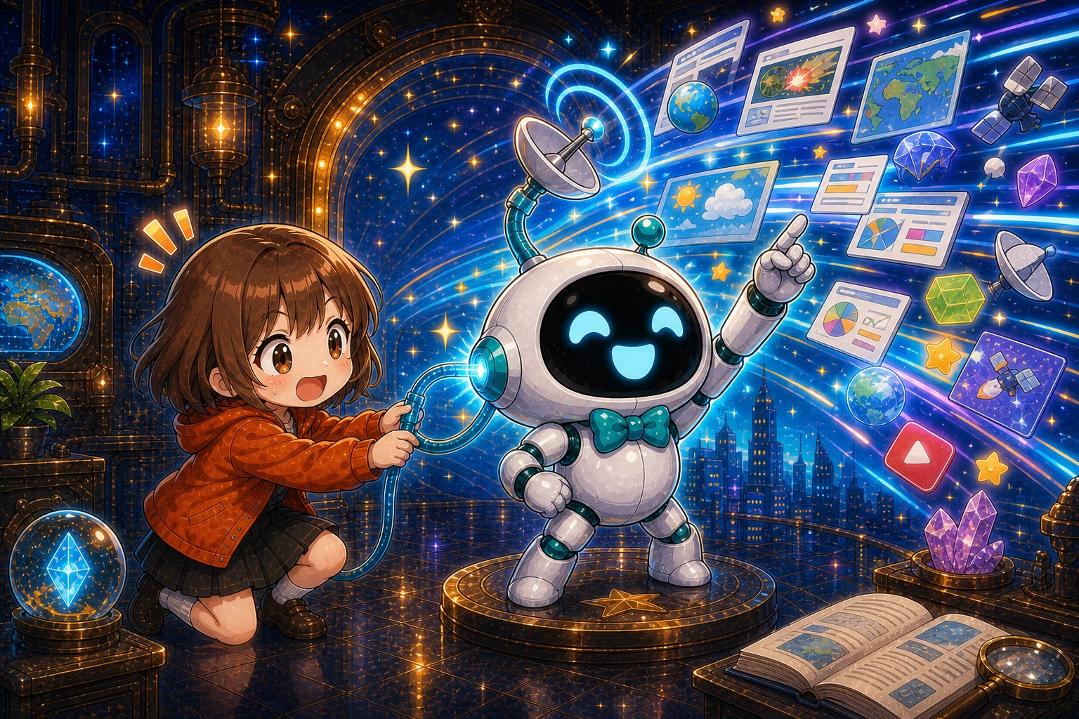 女孩替 AI 接上搜尋纜線與網路天線，期待大量最新消息立刻灌入，AI 也擺出從此萬事通的誇張英雄姿勢。