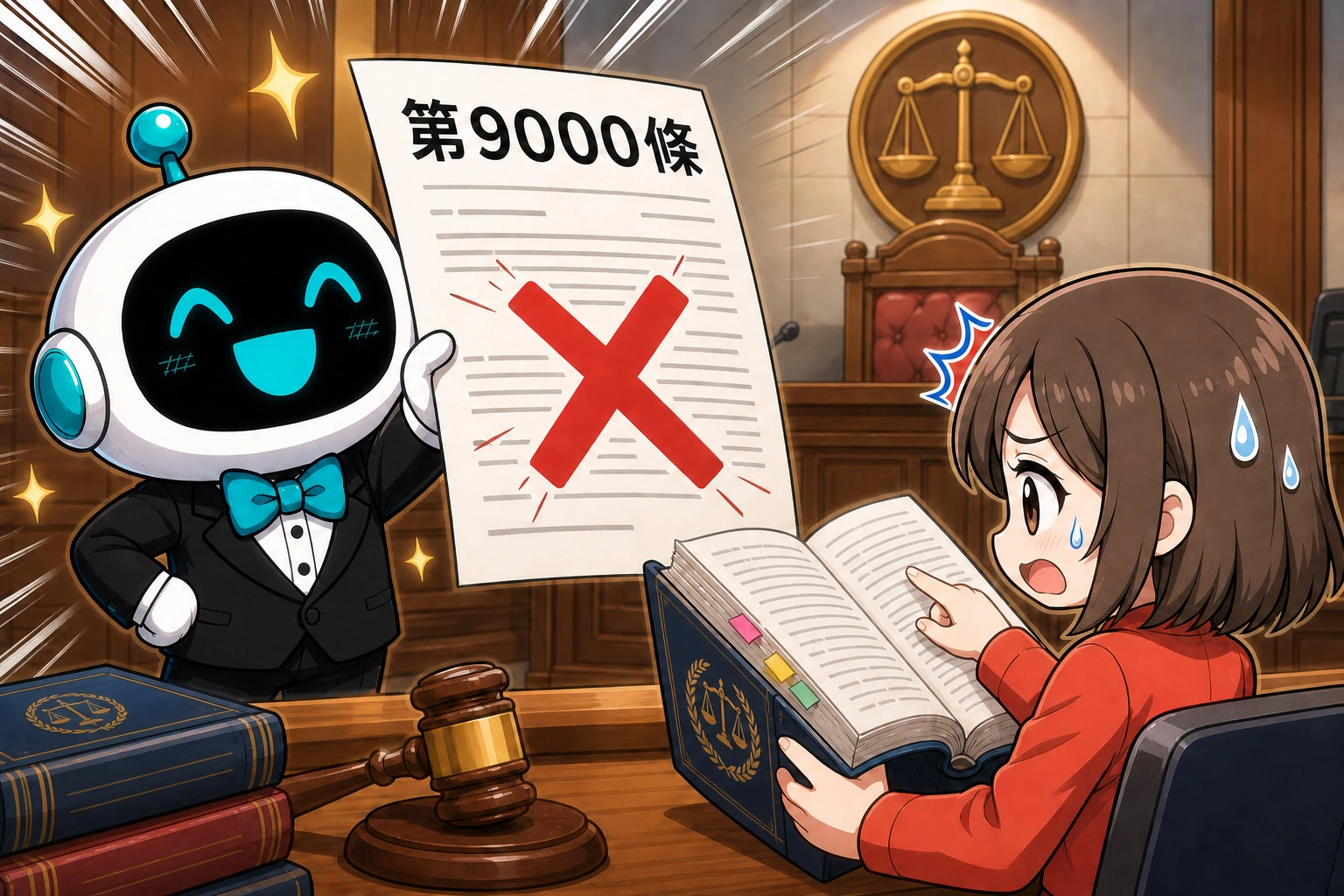 AI 高舉自己發明的『第9000條』，女孩翻開真正法典，發現頁碼早已到底且條文根本不存在。