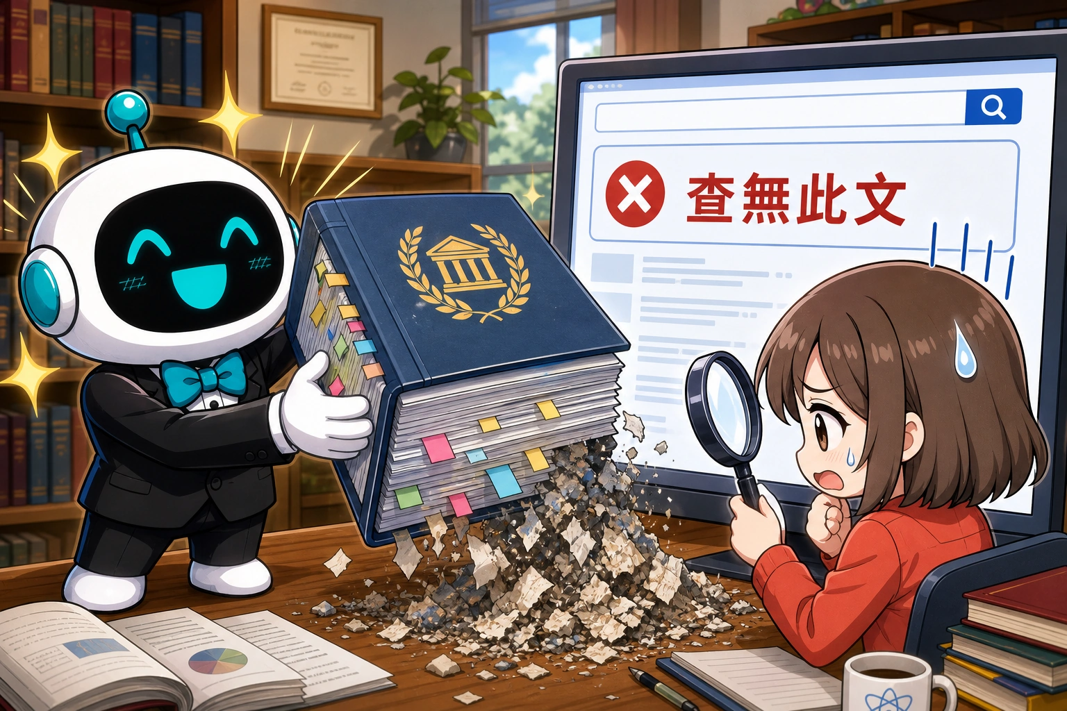 AI 得意交出完整論文清單，女孩逐筆搜尋卻只看到『查無此文』，整疊資料開始碎成廢紙。