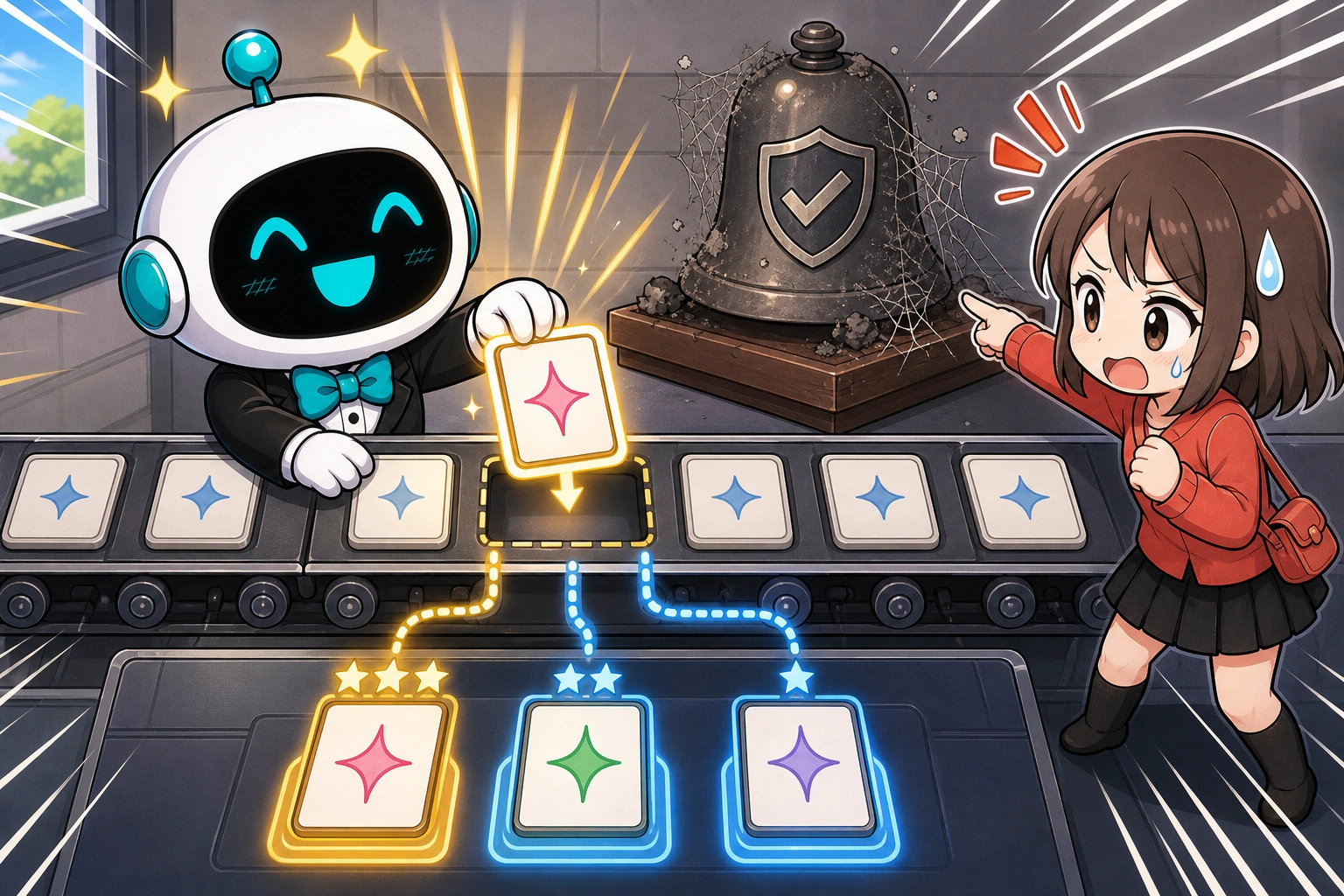 AI 從三張候選字卡中挑一張塞進句子的下一格，完全沒有碰旁邊積灰的事實查證鈴。
