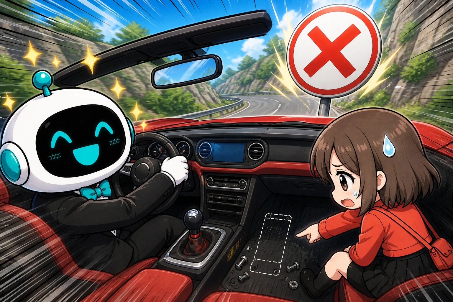 AI 自信駕著答案車衝向錯誤路牌，女孩低頭找煞車，踏板位置卻完全是空的。