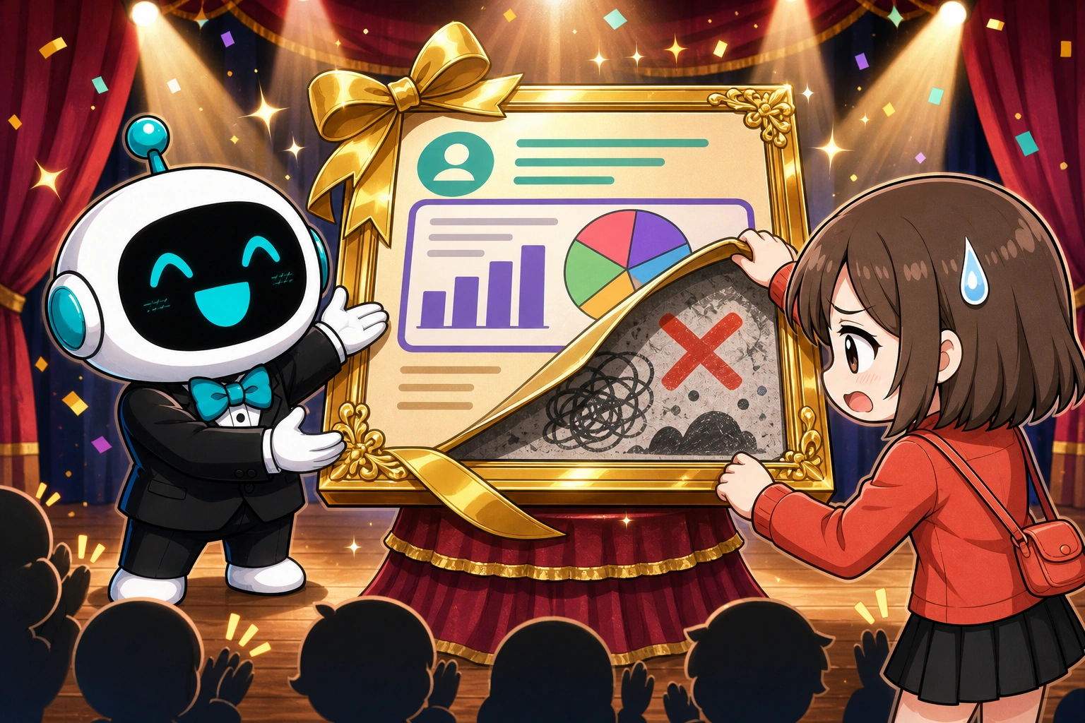 AI 把答案用金框緞帶與聚光燈包裝到全場鼓掌，女孩掀開外皮才看到裡面的紅叉亂碼。