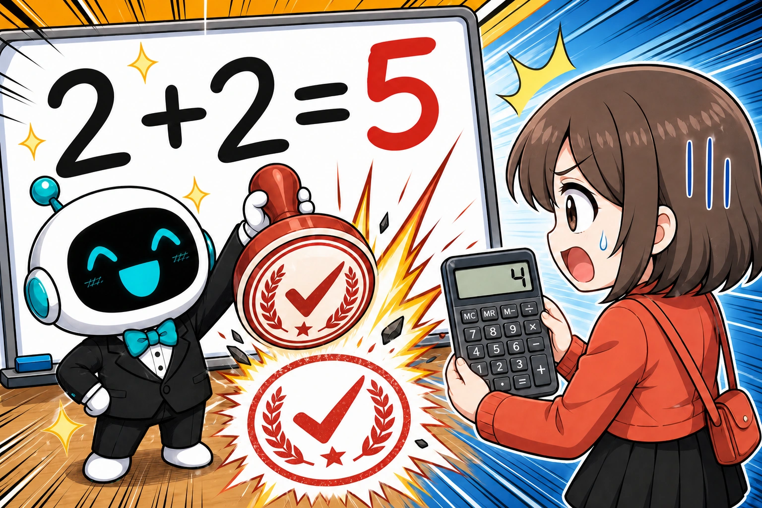 AI 在錯誤算式二加二等於五旁簽名蓋章，女孩舉起顯示四的計算機，傻眼看著它保證正確。
