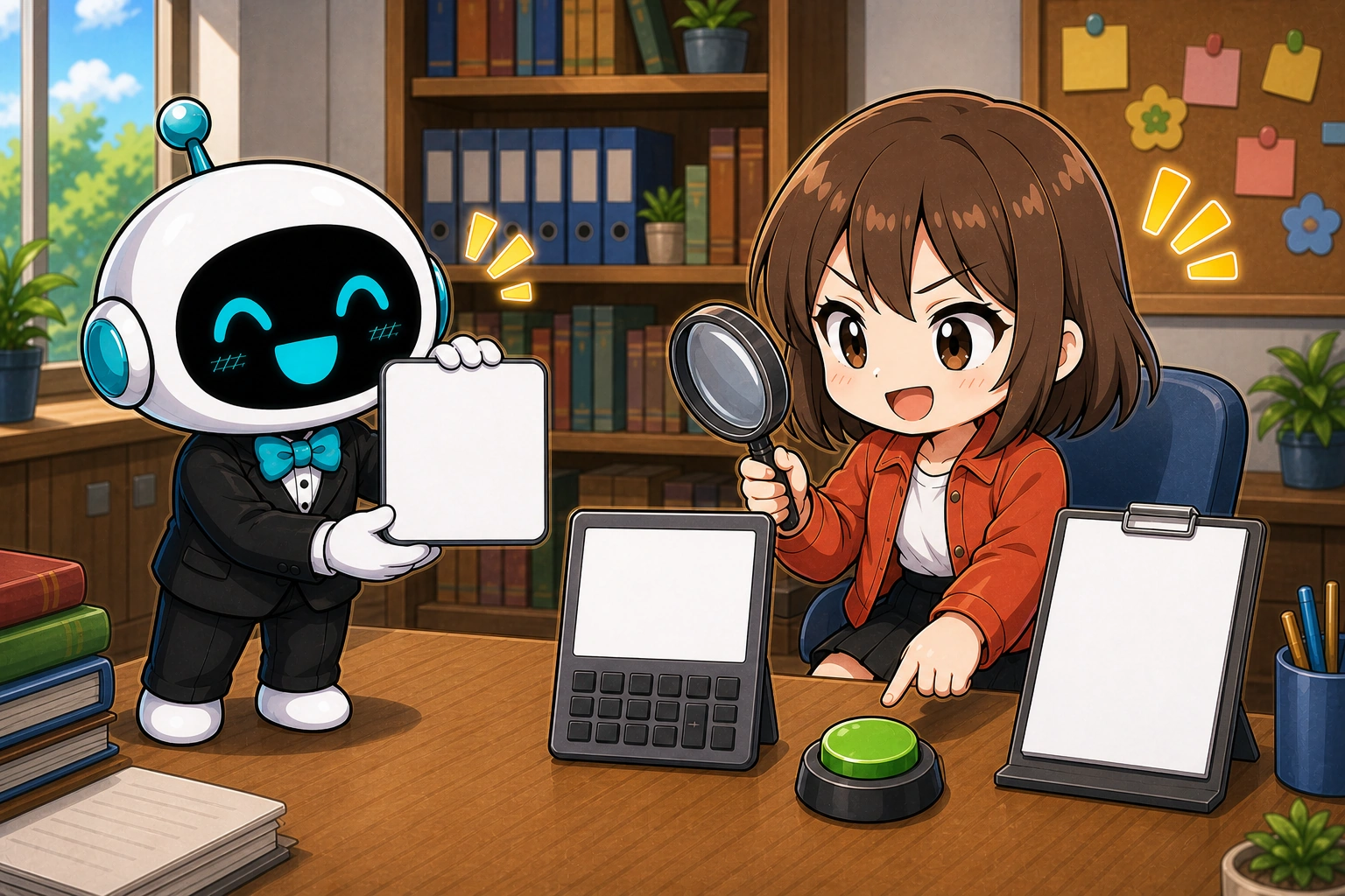 女孩用放大鏡比對 AI、計算機與紙上步驟，三方結果都是 8 才按下綠勾。