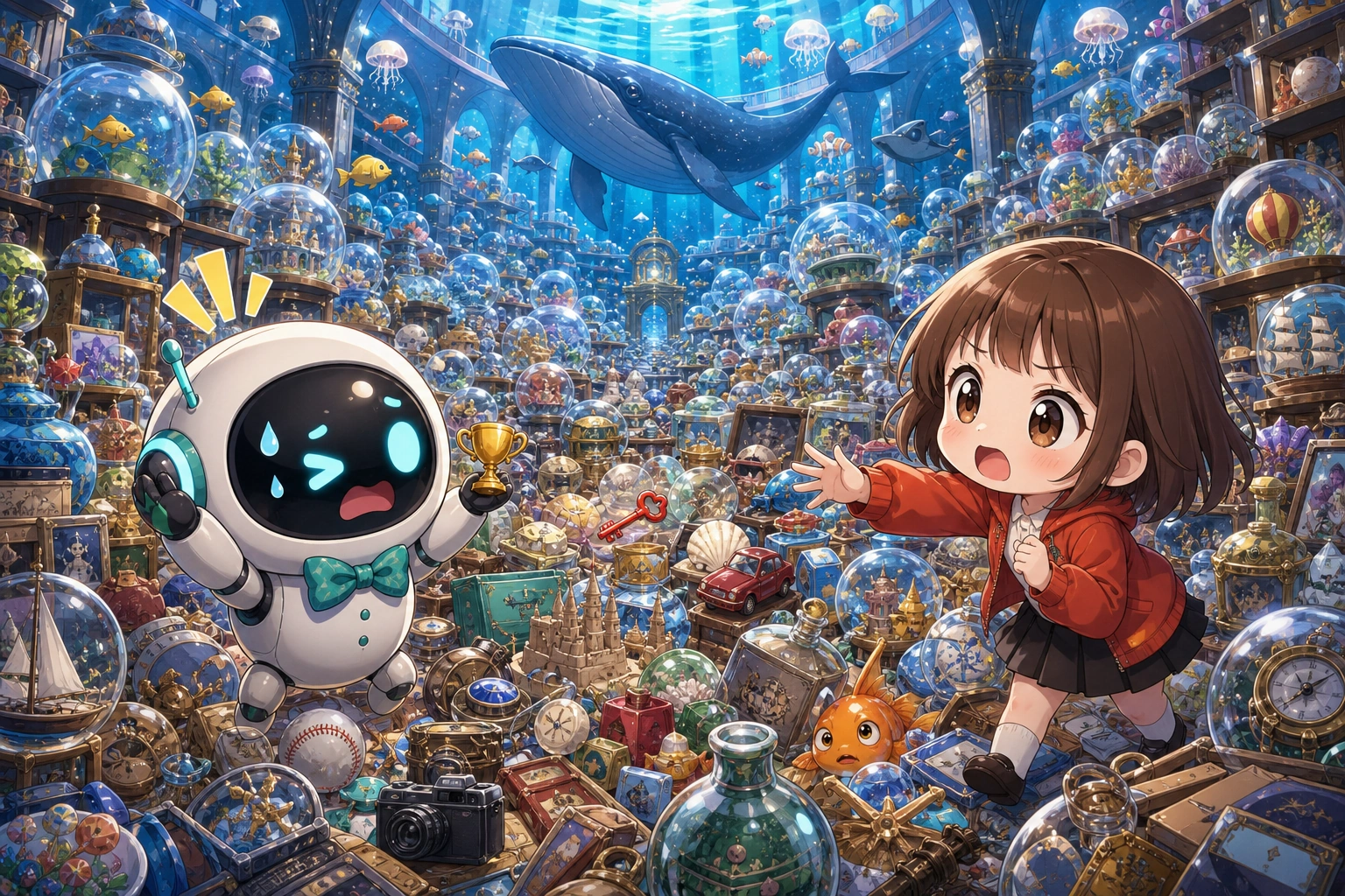 AI 在巨大魚缸前慶祝容量增加，卻在滿缸記憶物件中找不到女孩要的小紅鑰匙。