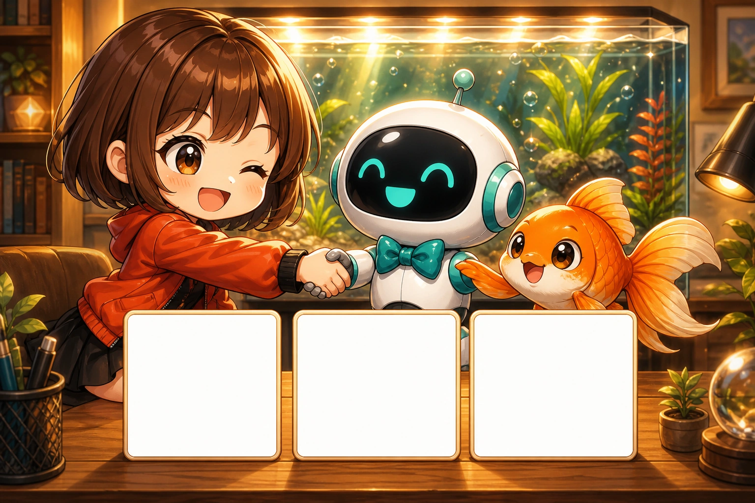 女孩、AI 與金魚一起達成提醒、重複與存筆記的合作默契。