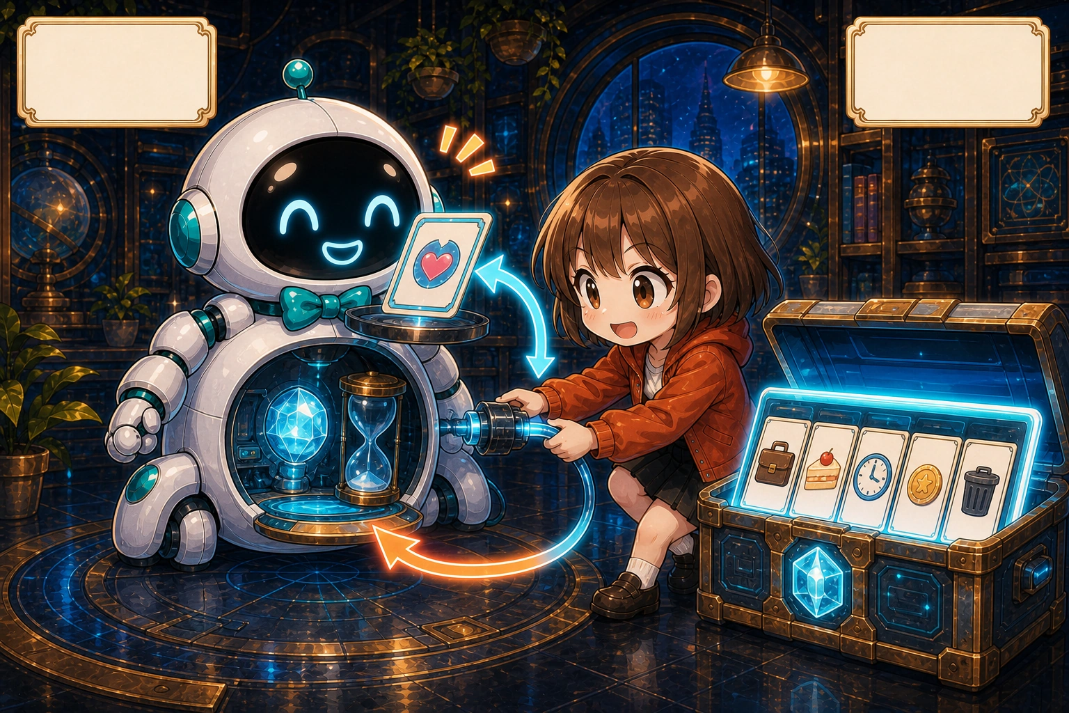 AI 本體內只有已定型的一次性對話核心，工程師在機身外接上一套記憶模組，把女孩的資料存下後再送回 AI 眼前。