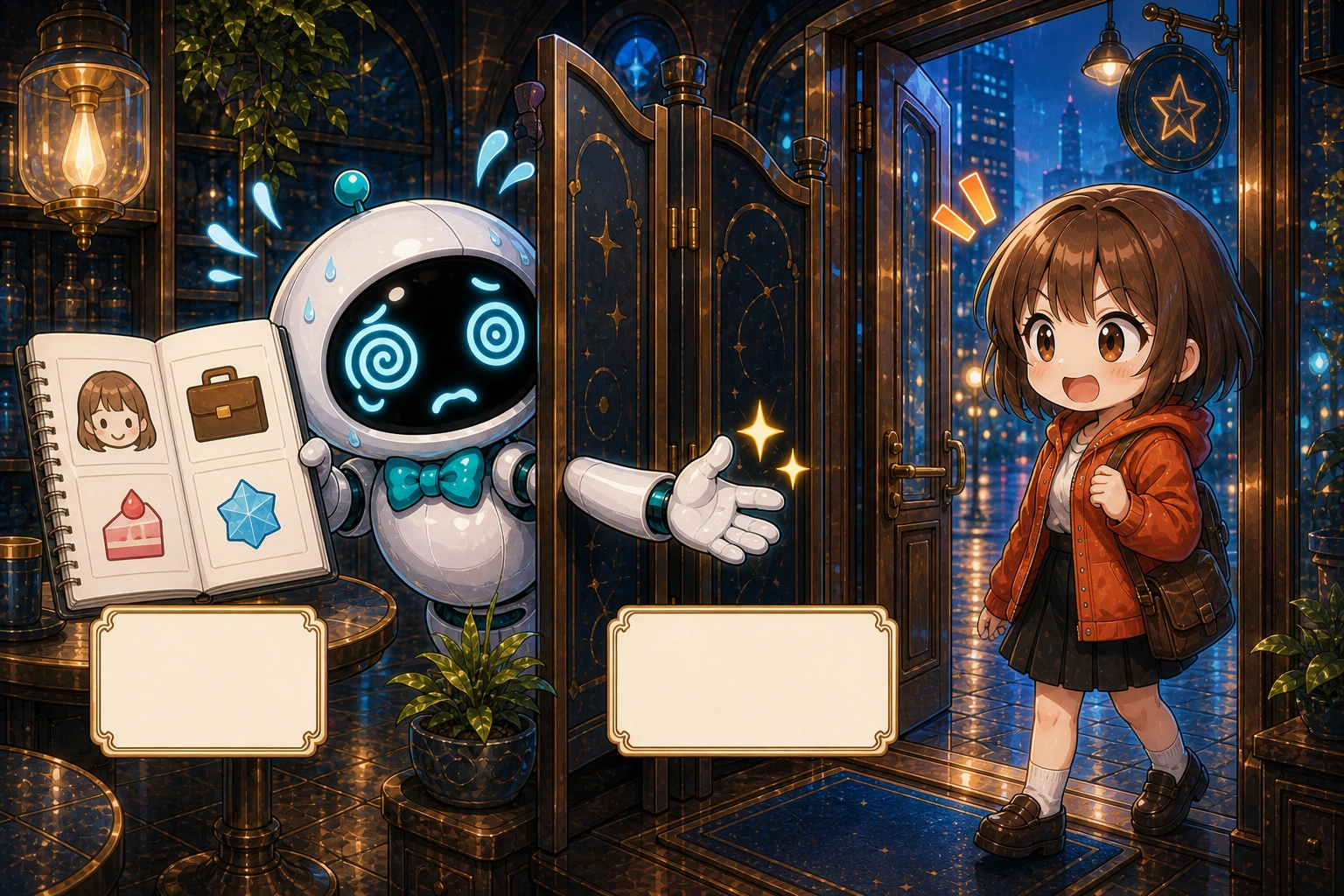 女孩再次走進房間前，AI 躲在門後飛快重讀一本外部筆記；讀完才合上筆記，裝成熟識老朋友自然接話。