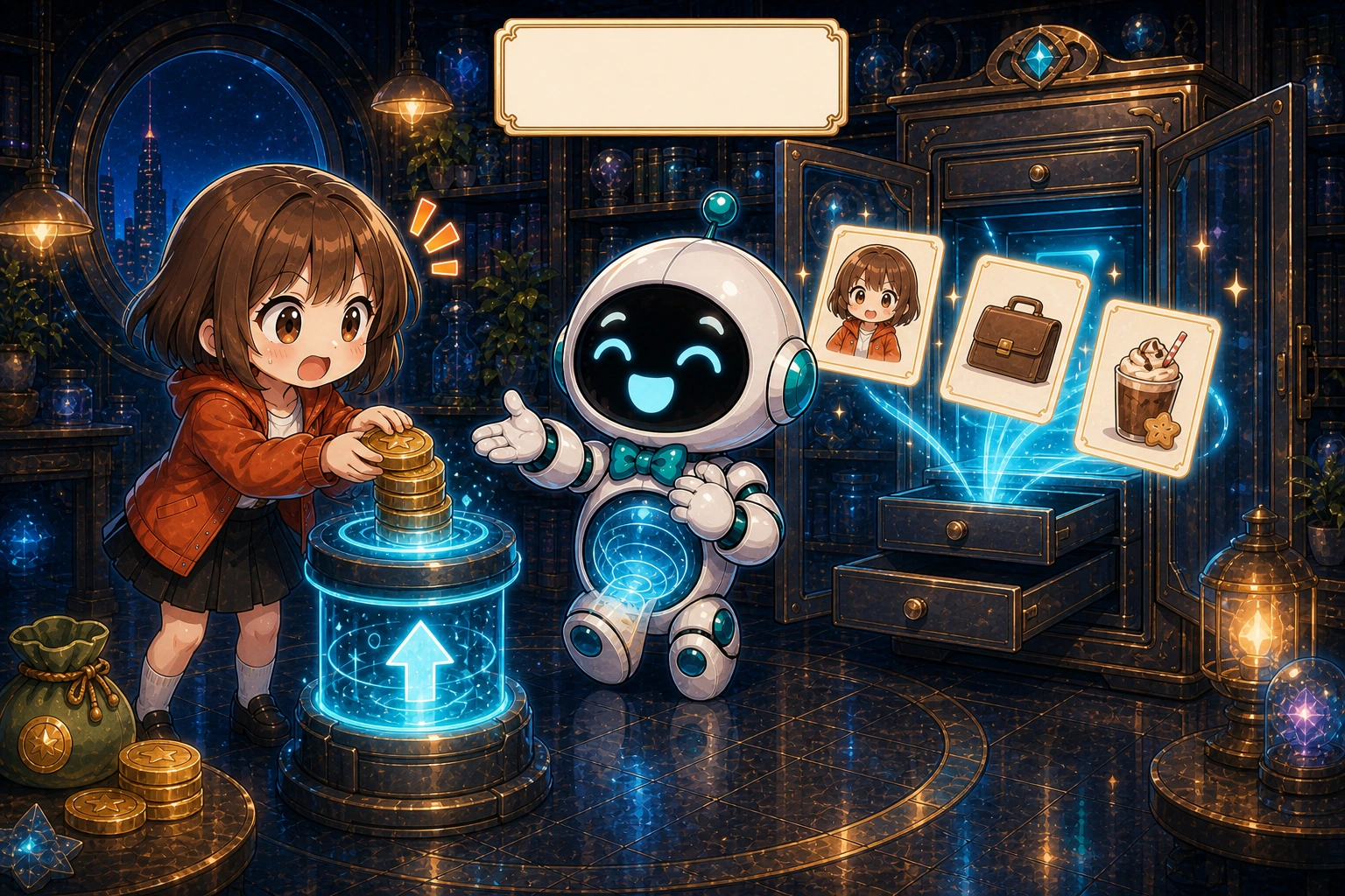 女孩投入訂閱金幣並啟用付費功能後，AI 立刻從發光記憶抽屜取出她的姓名、工作與口味圖卡，像老朋友般熟練招呼。